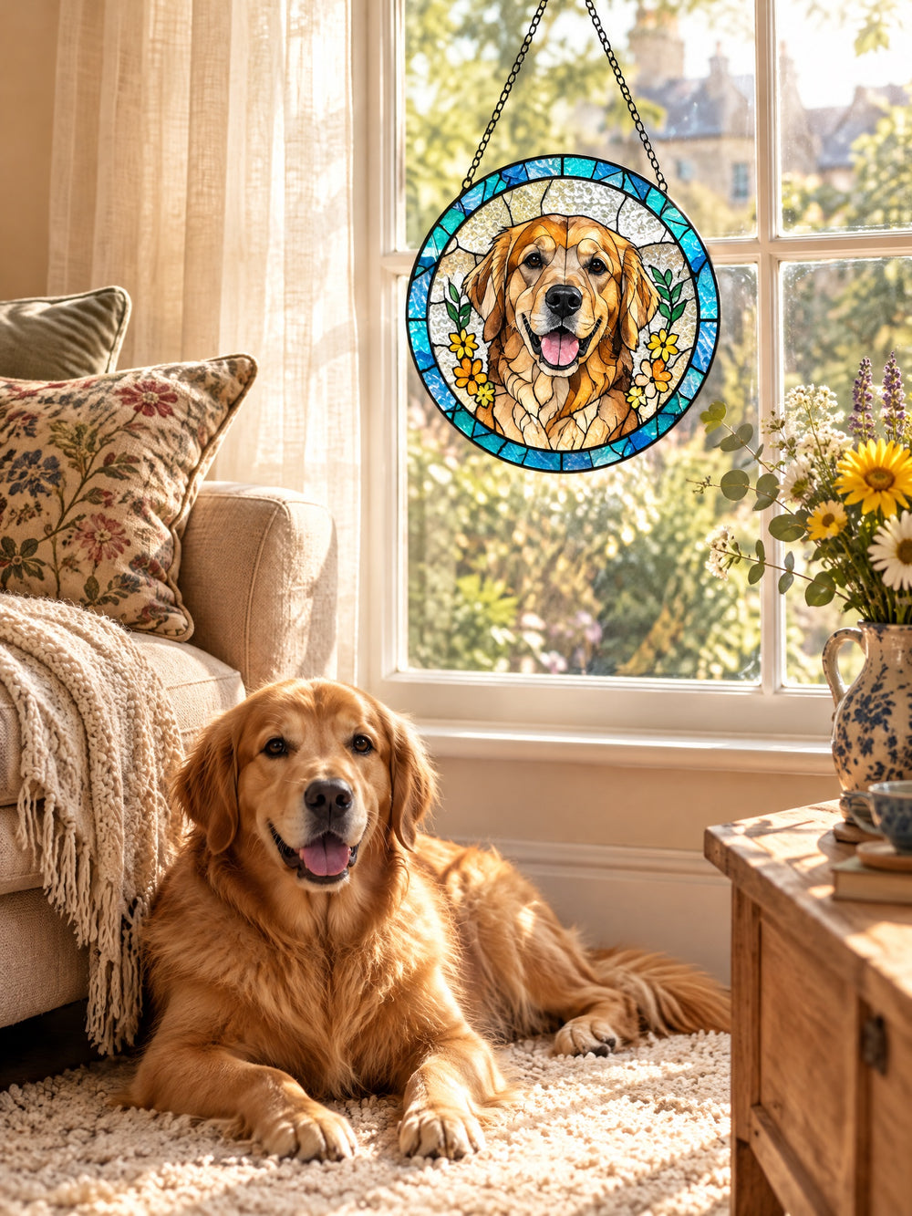 Bespoke Custom Pet Photo Stained Glass Suncatcher – room scene