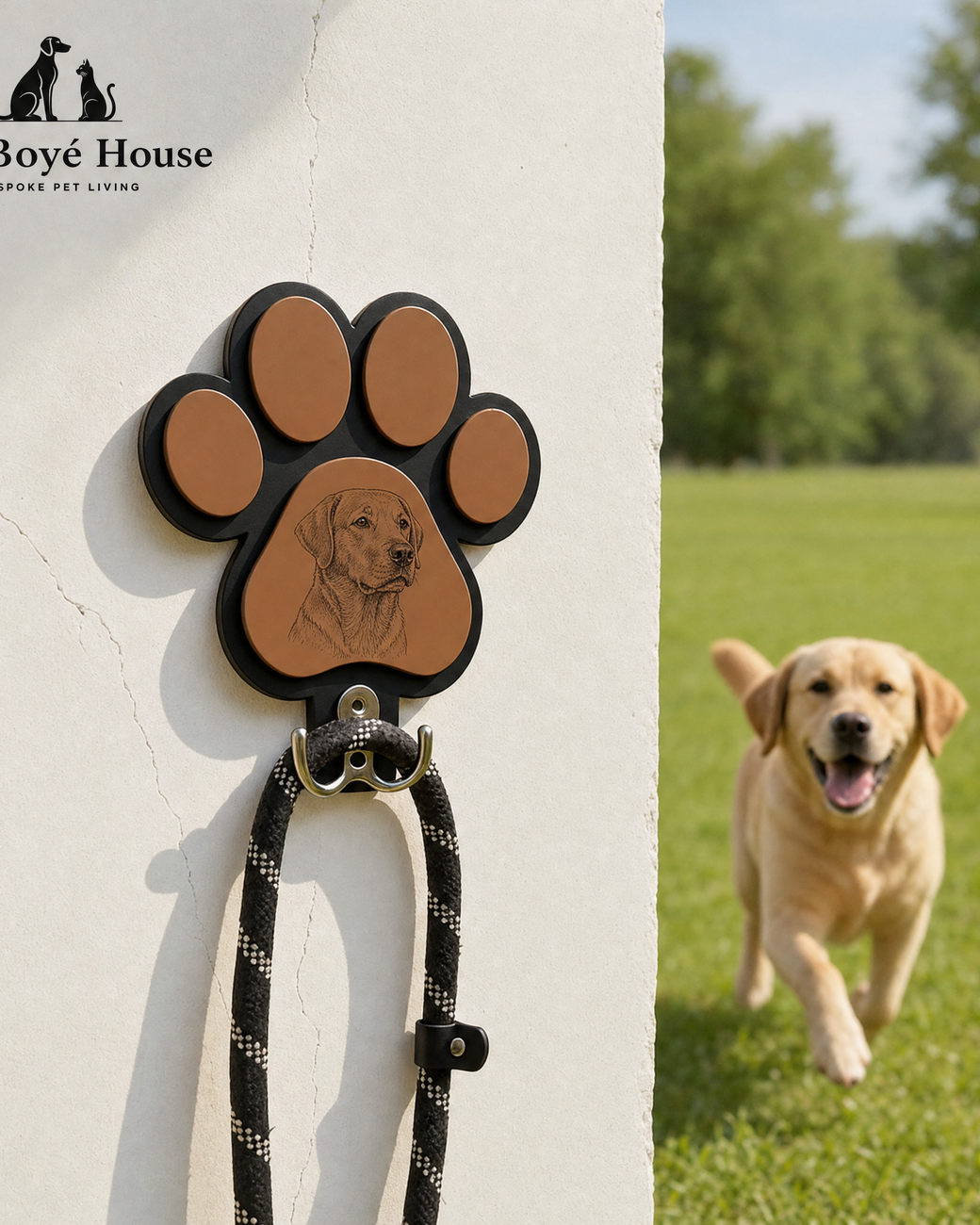 Personalised Dog Paw Wall Lead Holder/Custom Pet Photo & Name Engraved Wooden Lead Hook