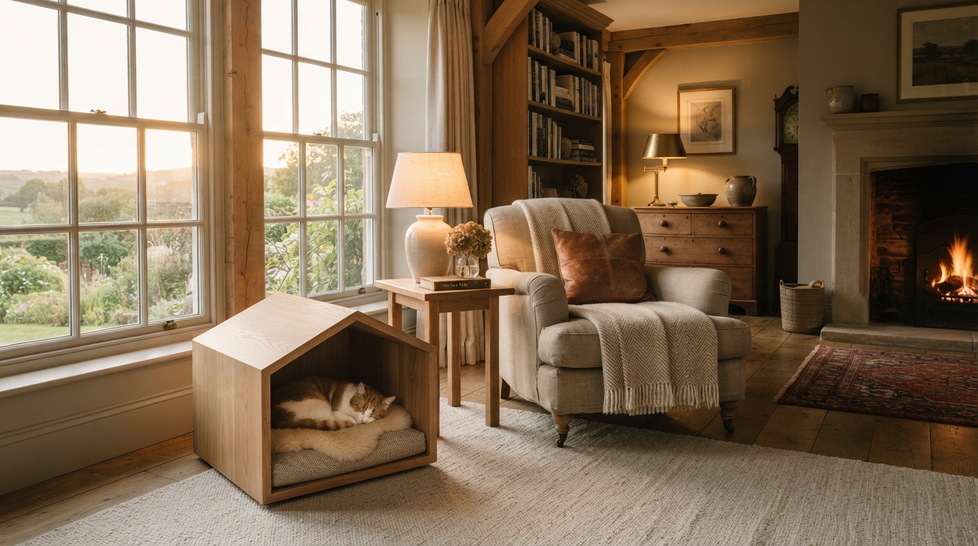 A serene country house interior with a handcrafted pet sanctuary