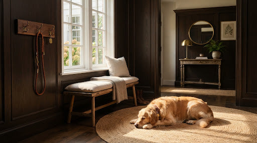 A golden retriever resting in a sunlit, timeless entryway