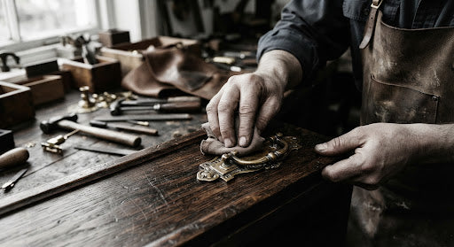An artisan polishing brass hardware attached to dark wood